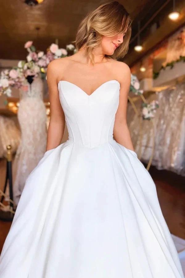 Sweetheart Long White Strapless A-line Satin Wedding Dress with Pockets (ZD15515)