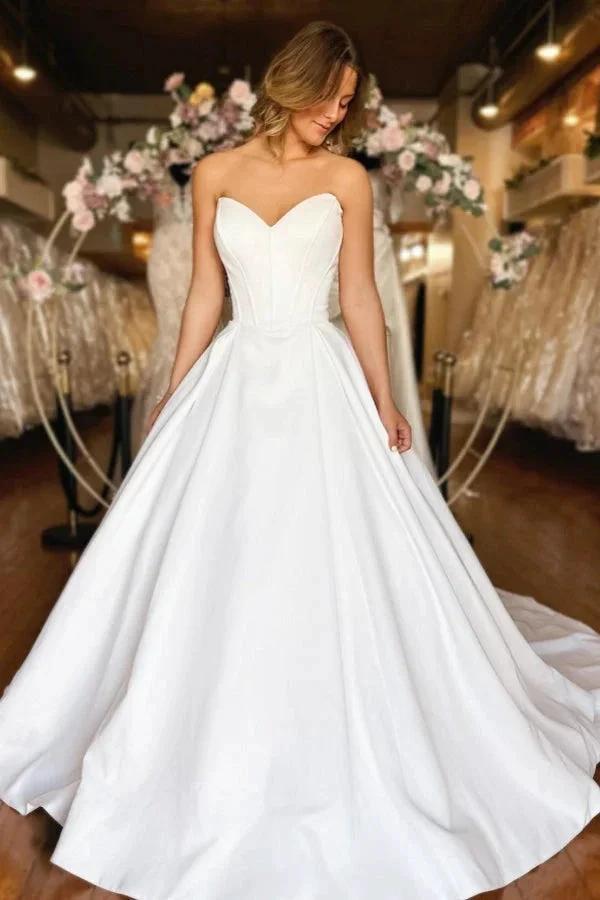 Sweetheart Long White Strapless A-line Satin Wedding Dress with Pockets (ZD15515)