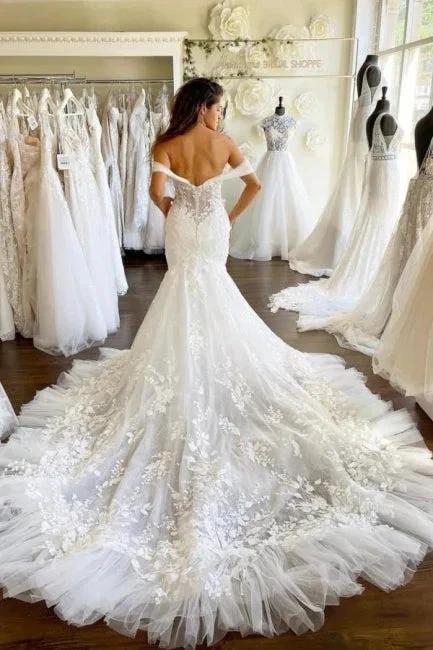 Sweetheart Off-the-Shoulder Mermaid Bridal Gown Tulle Lace Appliques Wedding Dress (ZD14504)