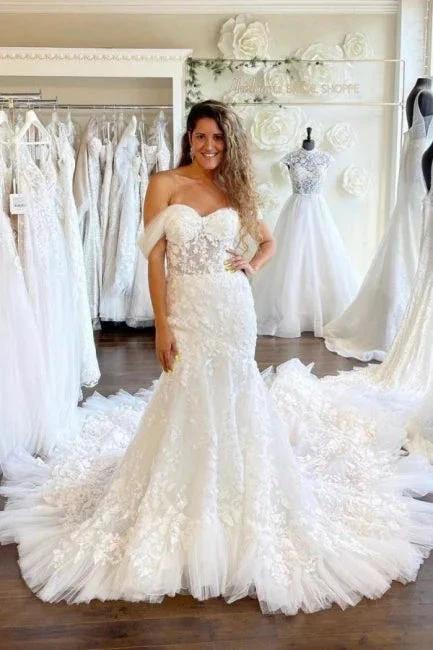 Sweetheart Off-the-Shoulder Mermaid Bridal Gown Tulle Lace Appliques Wedding Dress (ZD14504)
