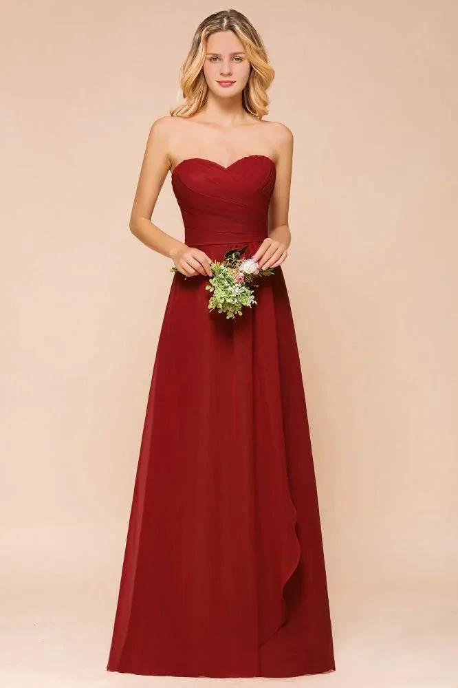 Sweetheart Red Bridesmaid Dress Chiffon Floor-Length Wedding Guest Dress backless by misshow.com