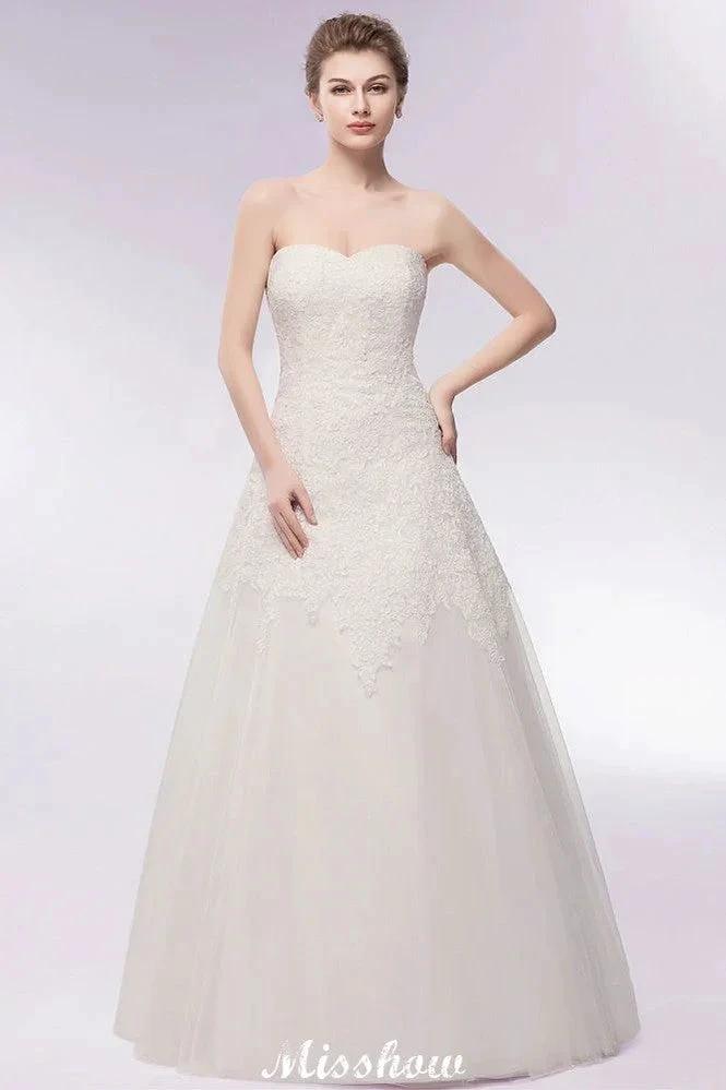 Sweetheart Strapless A-line Long Lace Tulle Wedding Dresses by misshow.com