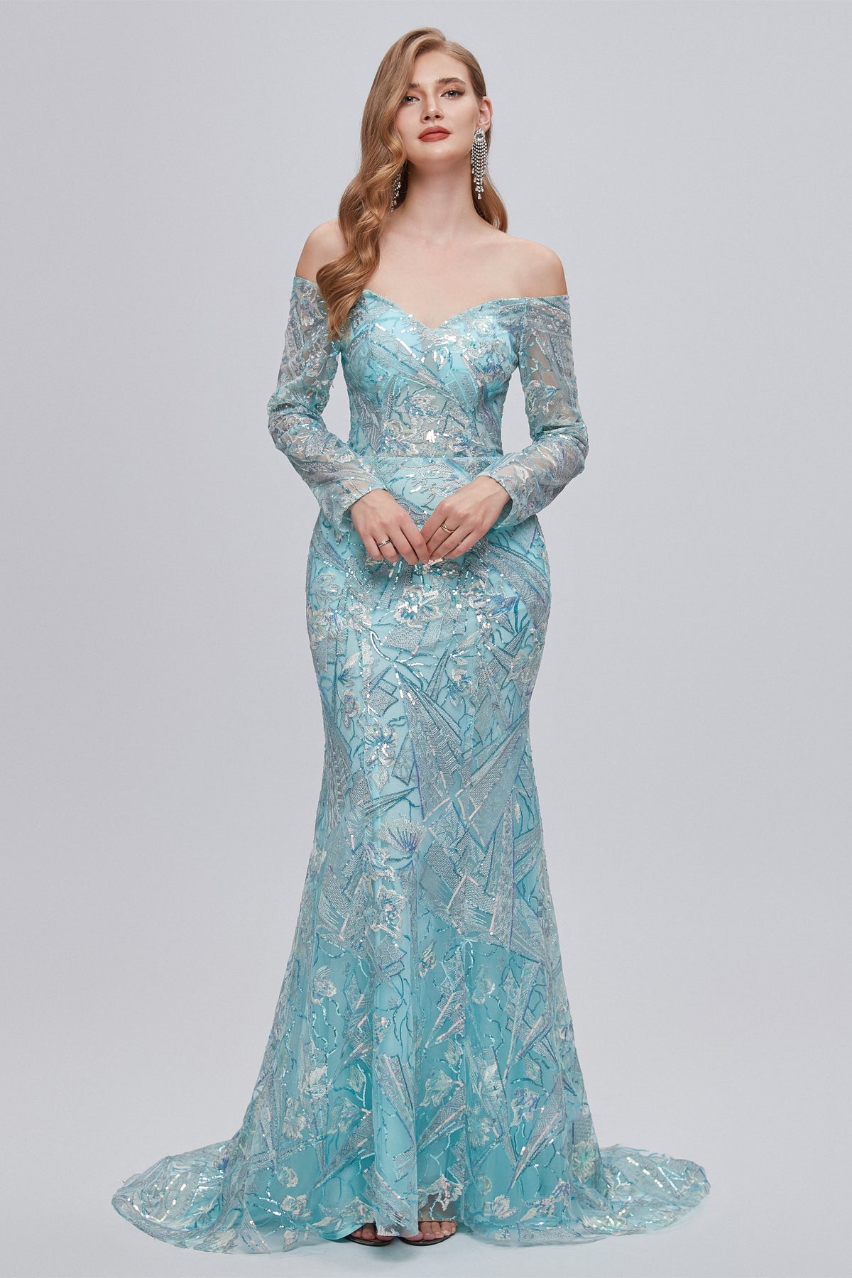 Sweetheart Strapless Lace Sequined Floor-Length Long Sleeve Open Back Mermaid Prom Dress