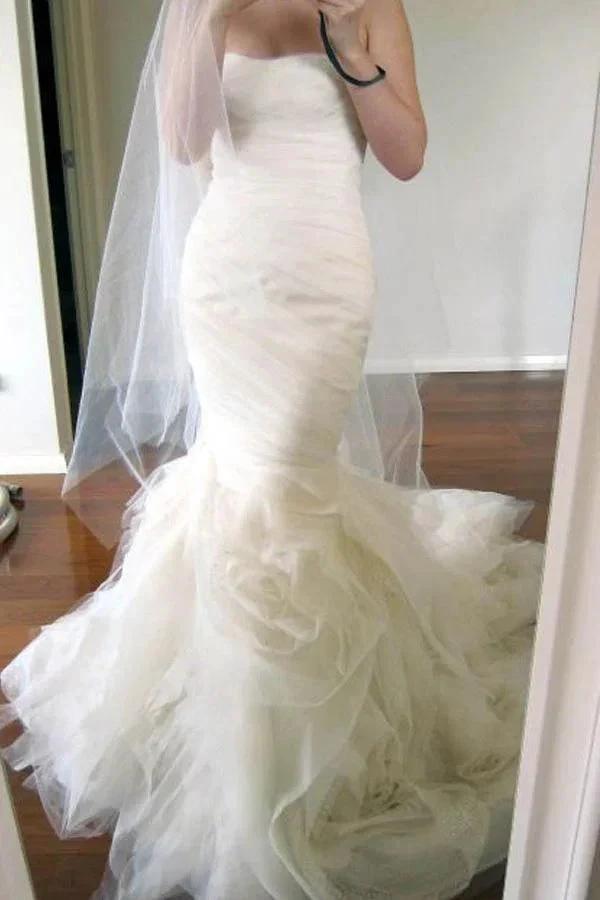 Sweetheart Sweep Train Tiered Mermaid  Ivory Wedding Dress Ruched (ZD16040)