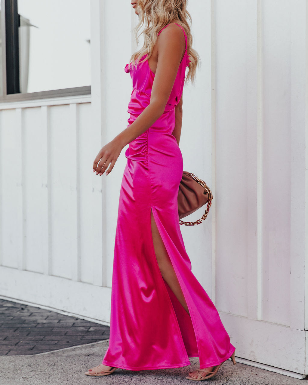 Take Care Satin Cowl Neck Maxi Dress Fuchsia FINAL