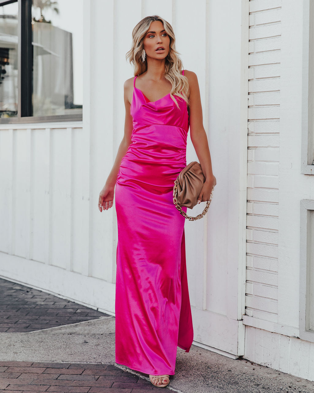 Take Care Satin Cowl Neck Maxi Dress Fuchsia FINAL
