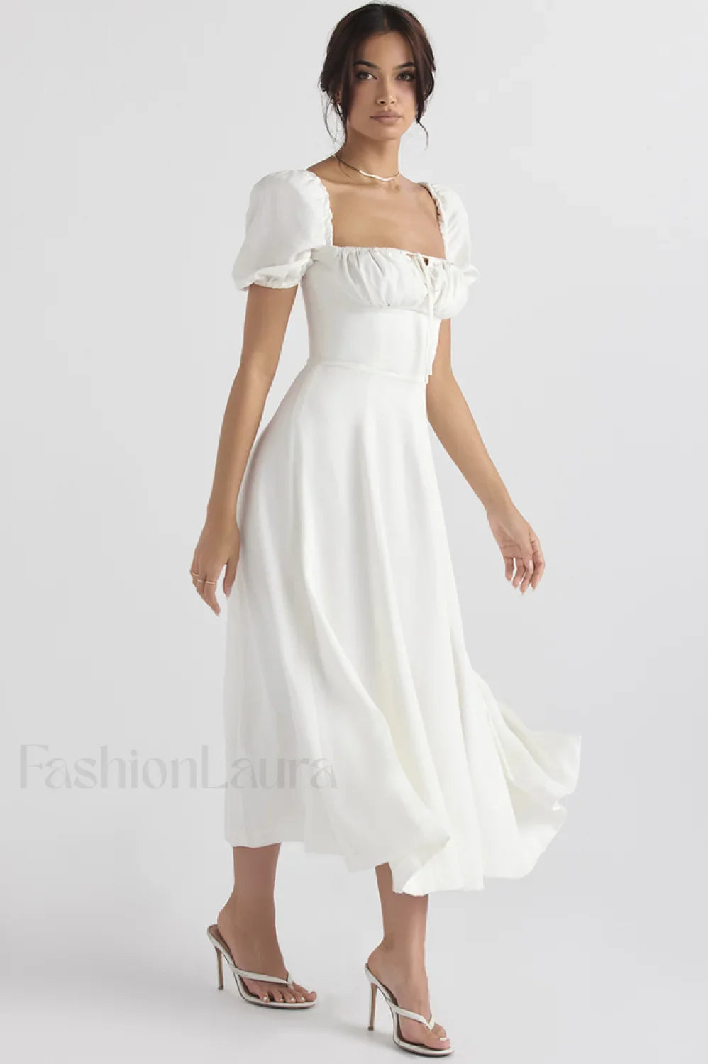 Tallulah White Puff Charming Sleeve Midi Dress