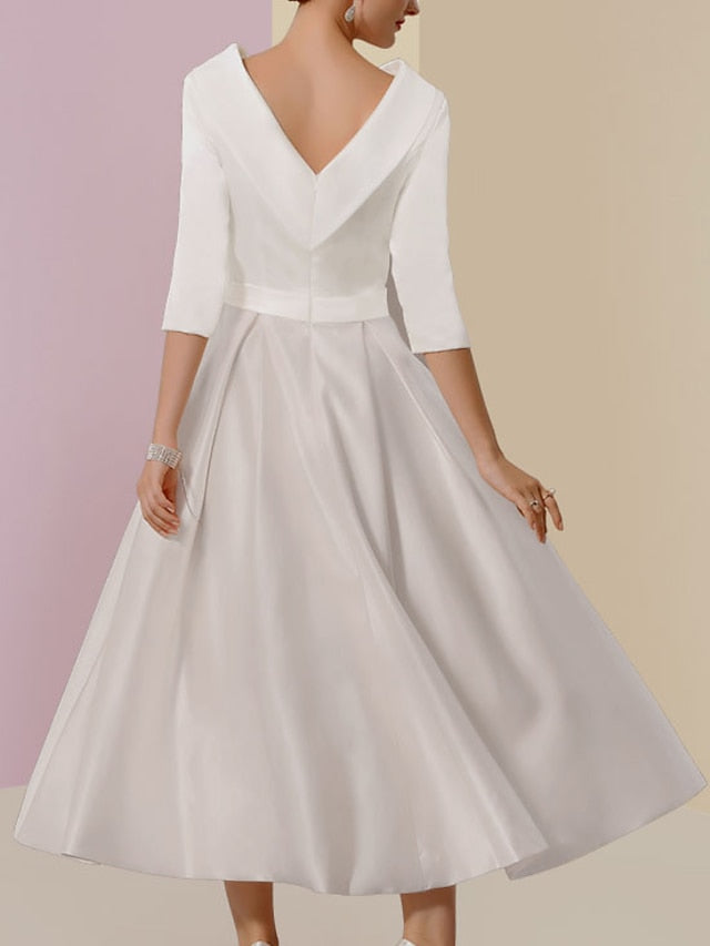 A-Line/Princess Jewel Neck Half Sleeve Tea-Length Mother of the Bride Dresses with Pockets Pleats - View 9 | FashionDia