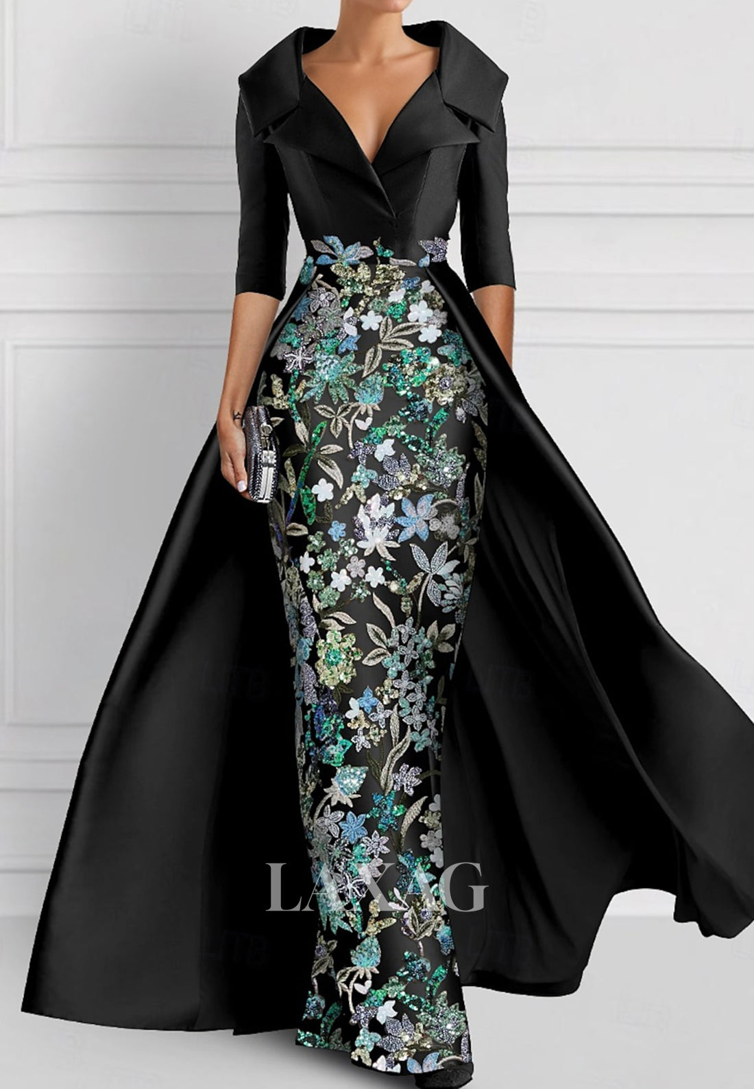 V-Neck Half-Sleeves Pleated Party Gowns Applique Embroidered Mermaid Wedding Guest Dress with Overskirt