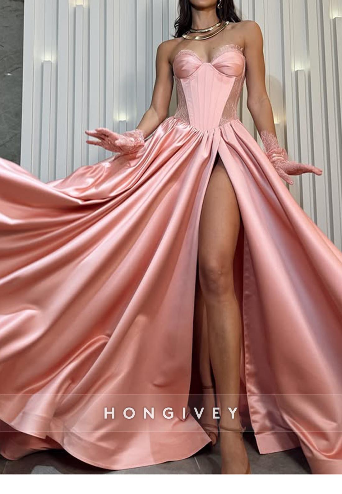 Couture High Slit Sweetheart  Wedding Guest Dresses with Lace Gloves