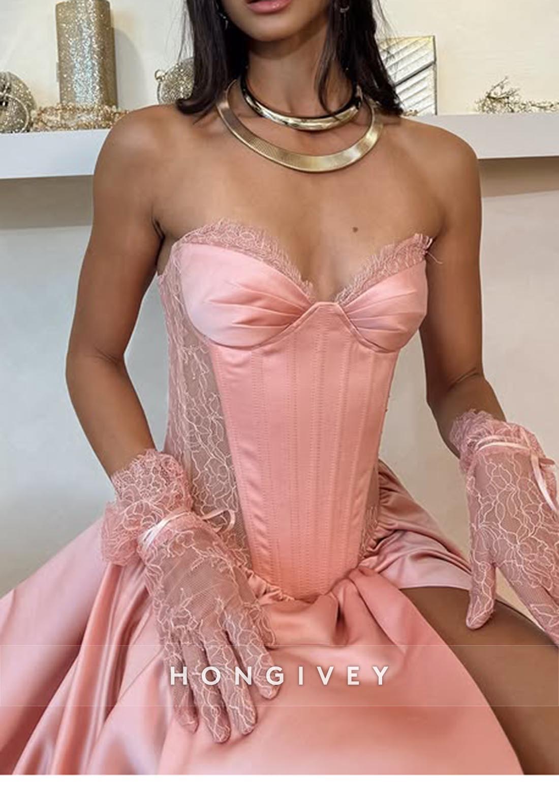 Couture High Slit Sweetheart  Wedding Guest Dresses with Lace Gloves