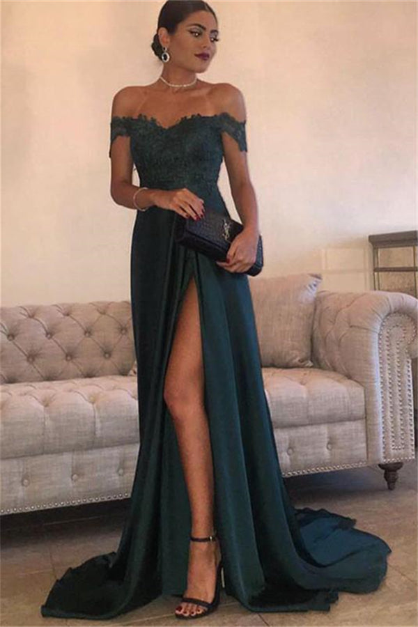 THERESA A-Line Floor-Length Split Off-the-Shoulder Lace Prom Dresses