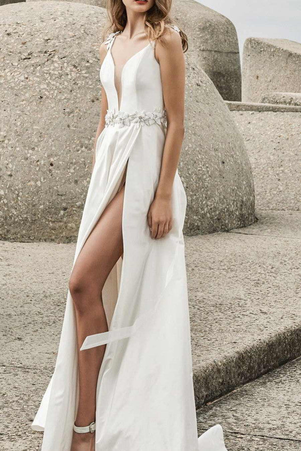 White Deep V Thigh High Prom Dress - Fashionpara