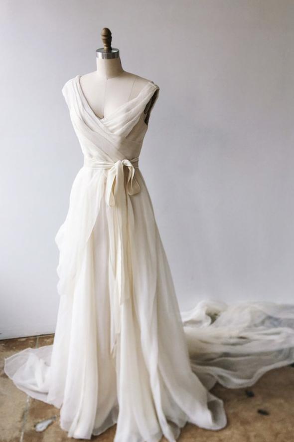 Champagne chiffon long A line prom dress evening dress