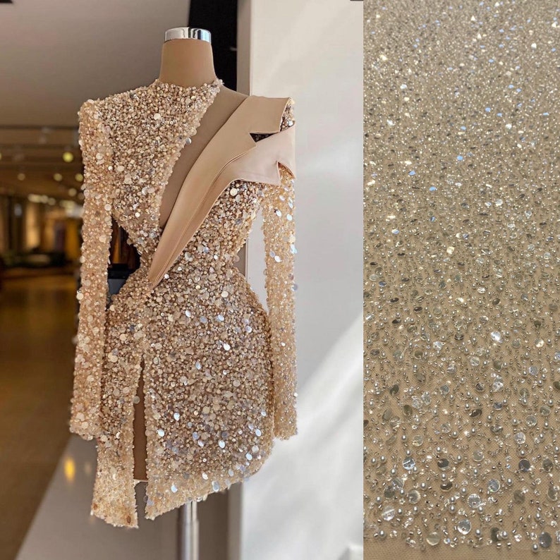 Heavy Beaded Champagne Short Prom Dresses Long Sleeve Women Dubai Evening Cocktail Party Gowns Homecoming Dress