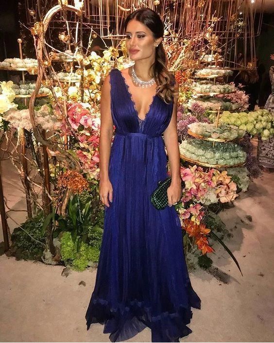 Navy Blue Prom Dresses V Neck floor length C246
