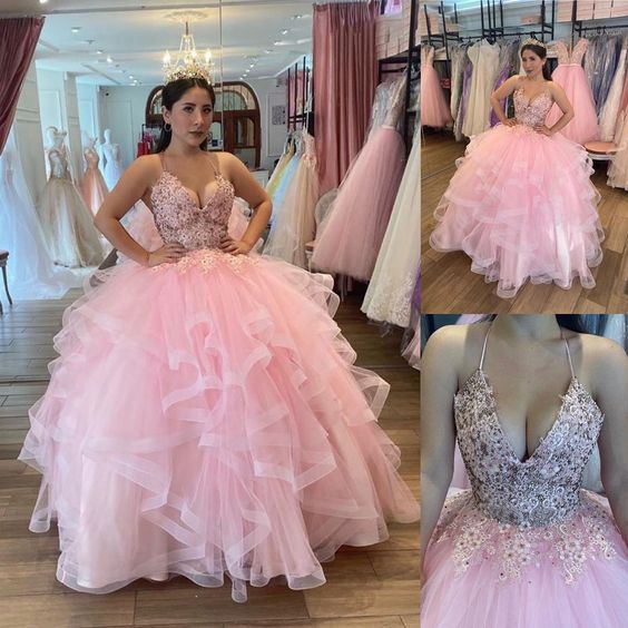 Straps Pink Quinceanera Dress with Ruffles, Ball Gown