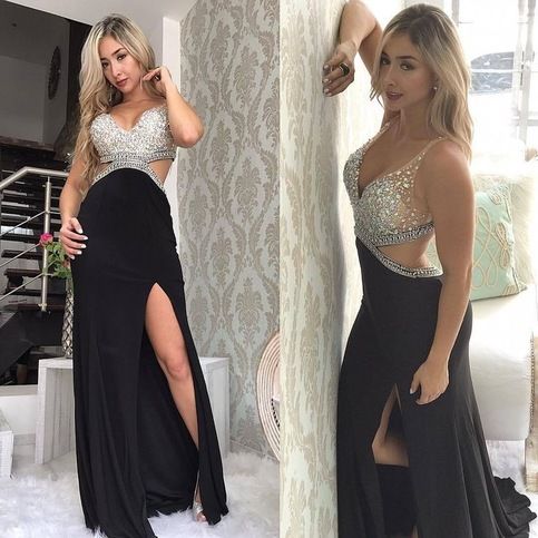 Sheath Black Split Side Prom Dresses with Beaded  C992