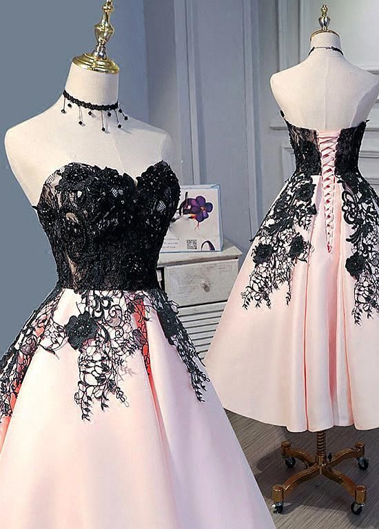 Cute Pearl Pink Tea Length Satin with Lace Applique Party Dress C57