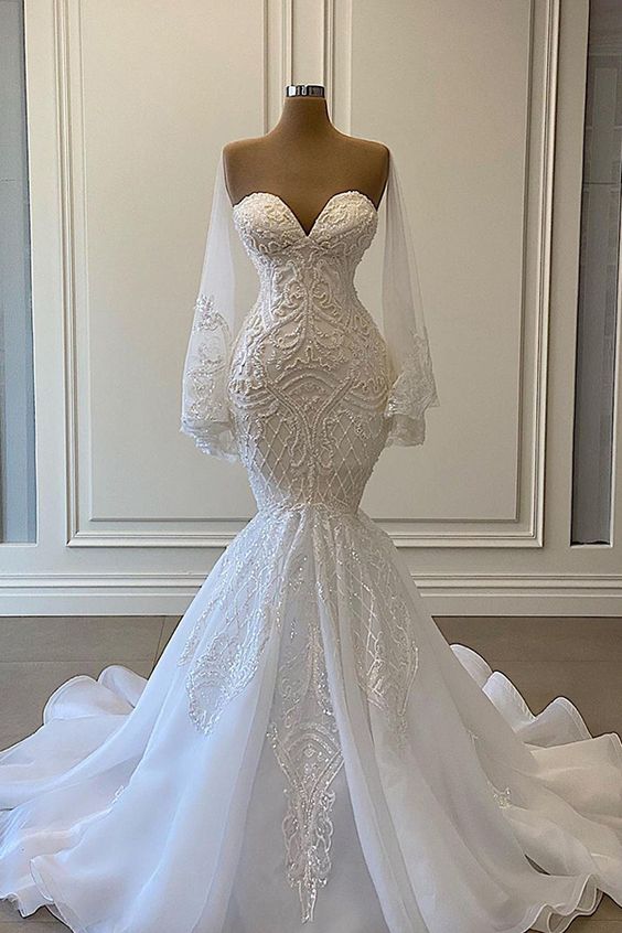 Sexy White Lace Mermaid Wedding Dresses Sweetheart ,Chic Prom Dress