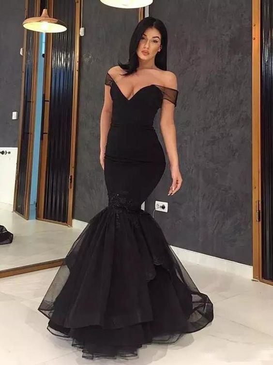 Sheer Black Organza Off The Shoulder Mermaid Sexy Tiered Ruffles Deep V Neck Prom Dresses  C179