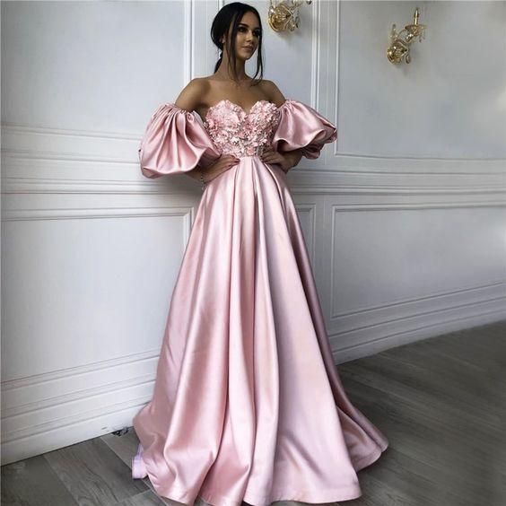 Pink Puff Short Sleeve Sexy Prom Dresses, Off Shoulder Handmade Flowers Beading long Formal dress