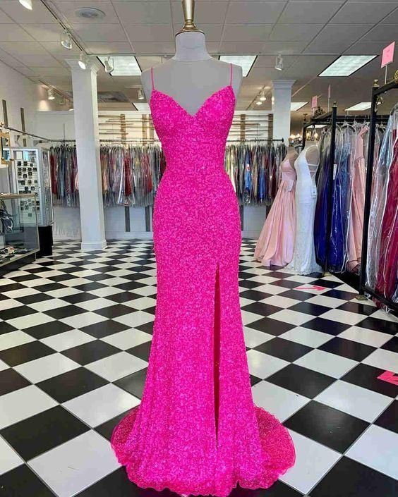 Hot Pink Straps Prom Dress with Slit  C1165