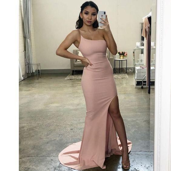 Sexy Mermaid Long Prom Dress One Shoulder Side Slit Satin C235