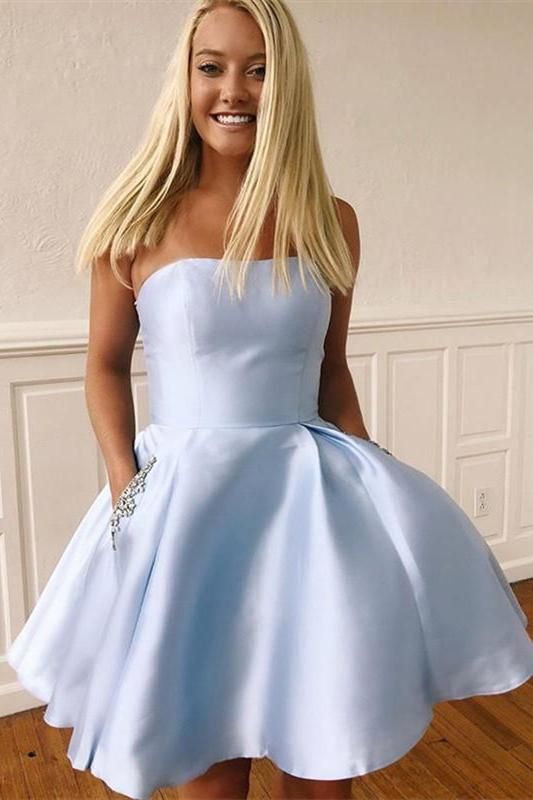 Strapless Short Light Blue Homecoming Dress with Beaded Pockets  C640