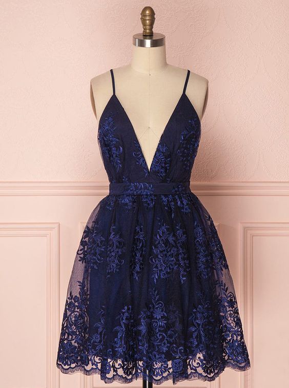 Spaghetti Straps Short Navy Blue Homecoming Dress with Appliques C881