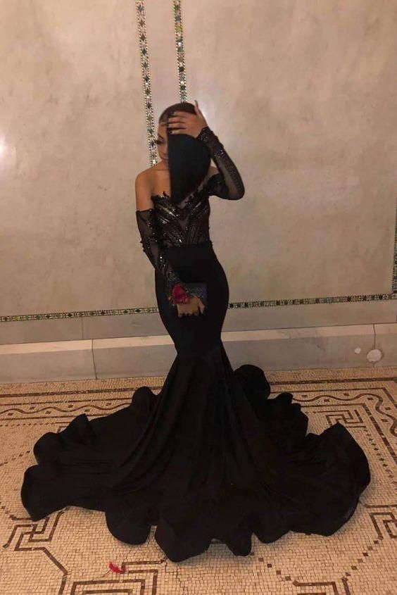 Black Long Sleeves Floor Length Mermaid Prom Dresses  C820