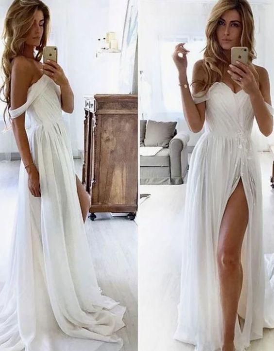 Off the Shouder White Prom Dresses with Split Side C626