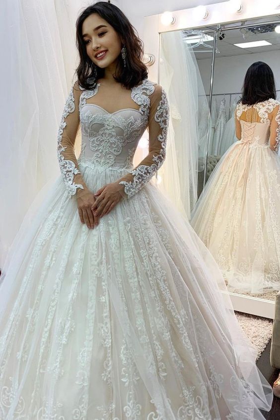 Princess Long Sleeves Tulle Lace Sweetheart Wedding Dresses , Ball Gown