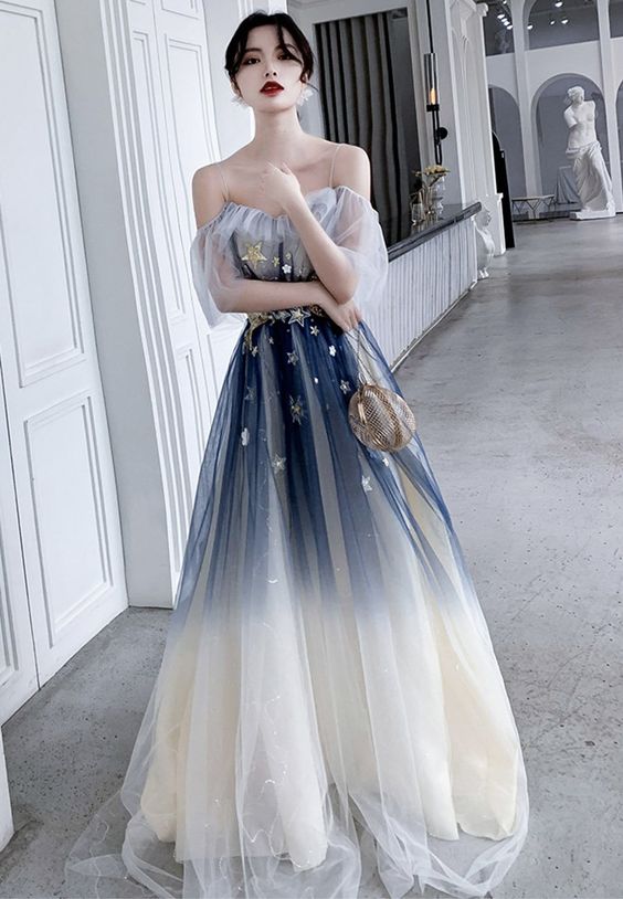 Stylish tulle sequins long prom dress evening dress