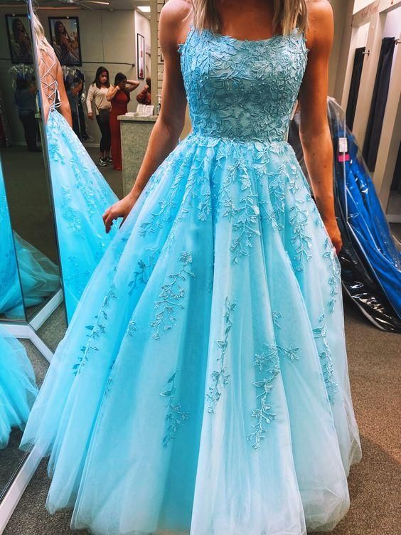 Spaghetti Straps formal dress prom blue lace fluffy  C1016