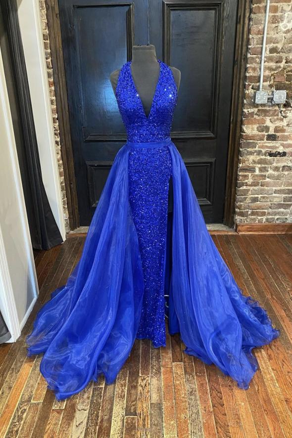 Blue sequins long prom dress mermaid evening dress