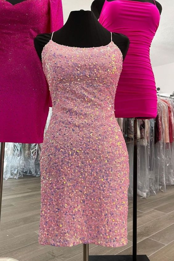 Sweet pink sequins mini dress with spaghetti straps, bodycon party dress C800