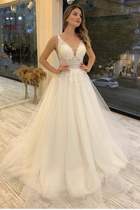 Sleeveless V Neck Tulle Ruffles Lace Wedding Dresses, Long Prom Dress