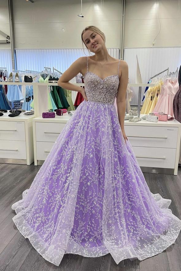 Purple tulle lace long prom dress evening dress