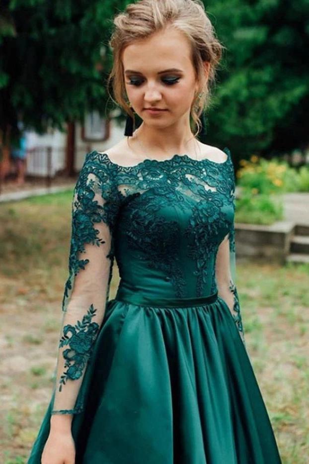 Off-shoulder Lace Long Sleeves Satin Hunter Prom Evening Dresses