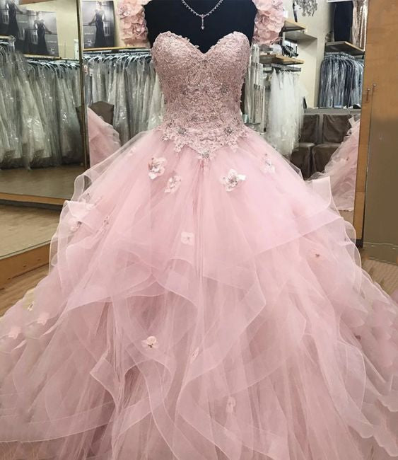 Pink lace long ball gown dress A line evening dress