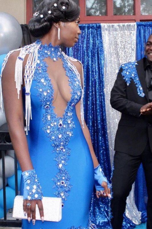 Glamorous Blue Halter Crystal Prom Dresses V-Neck Mermaid Evening Dres  C535