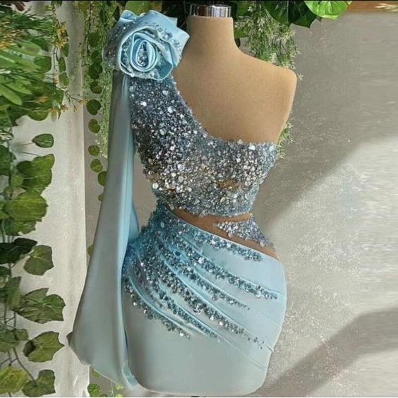 Blue sexy sheath homecoming dress, one shoulder beaded homeocming dresses