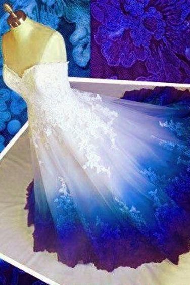 Ball Gown Ombre Prom Dresses, Sweetheart Strapless Evening Dresses, Blue Applique Formal Dresses