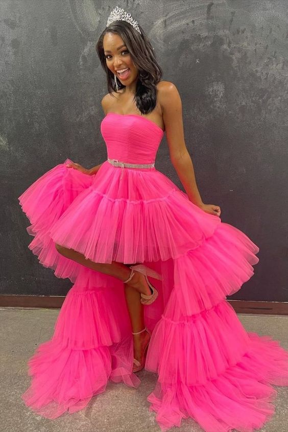 hi-low strapless tiered hot pink tulle prom party dress  C939