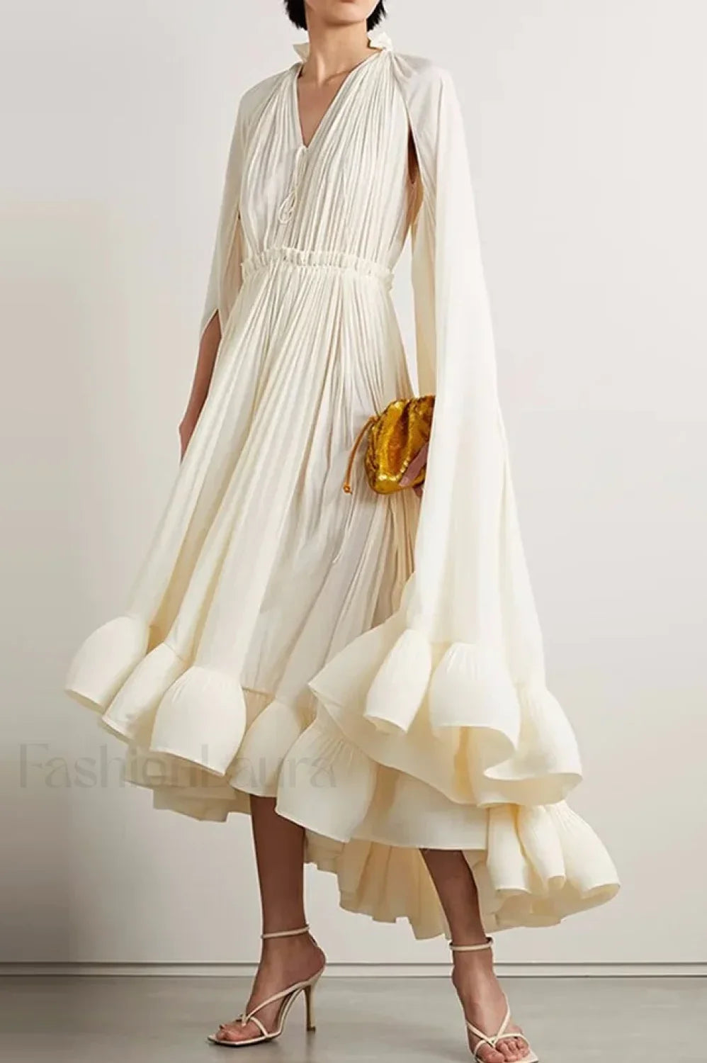 Tie Detailed Stylish Ruffled Crepe Dress