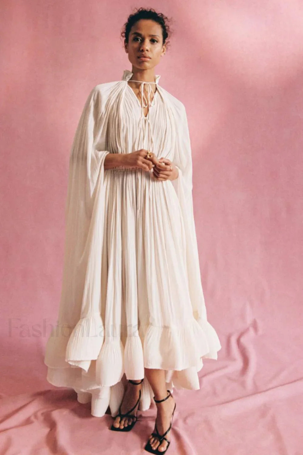 Tie Detailed Stylish Ruffled Crepe Dress
