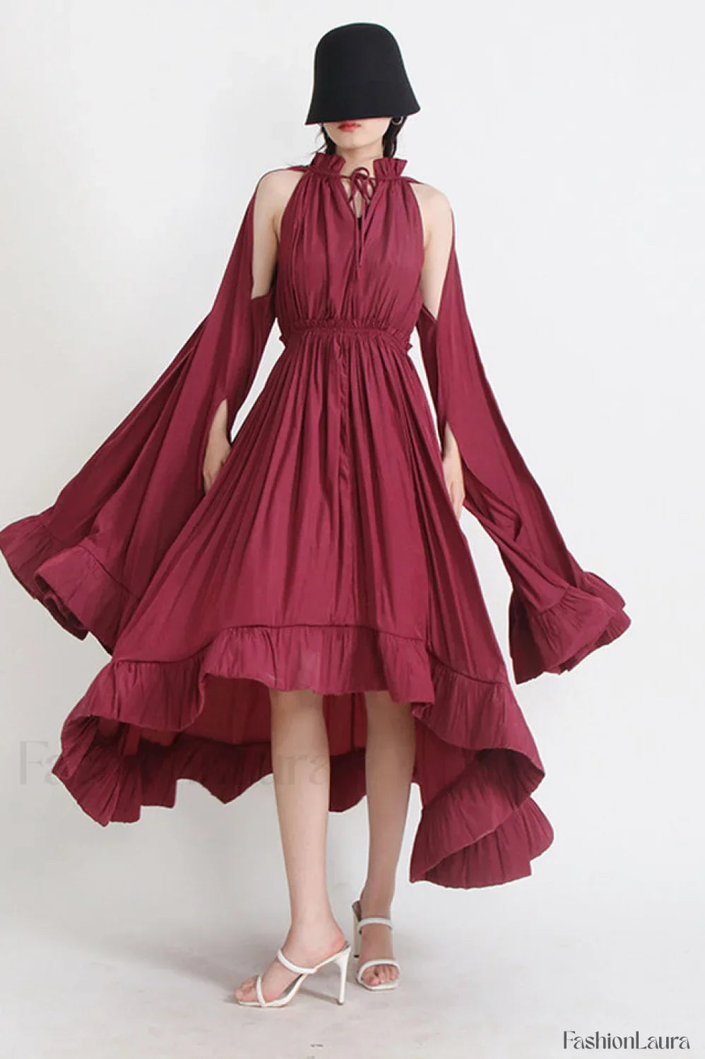 Tie Detailed Stylish Ruffled Crepe Dress