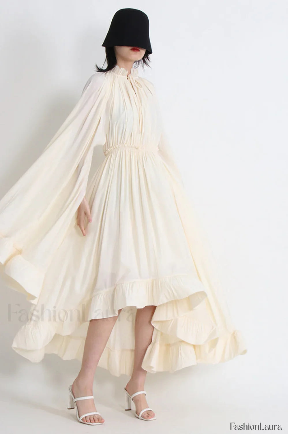 Tie Detailed Stylish Ruffled Crepe Dress