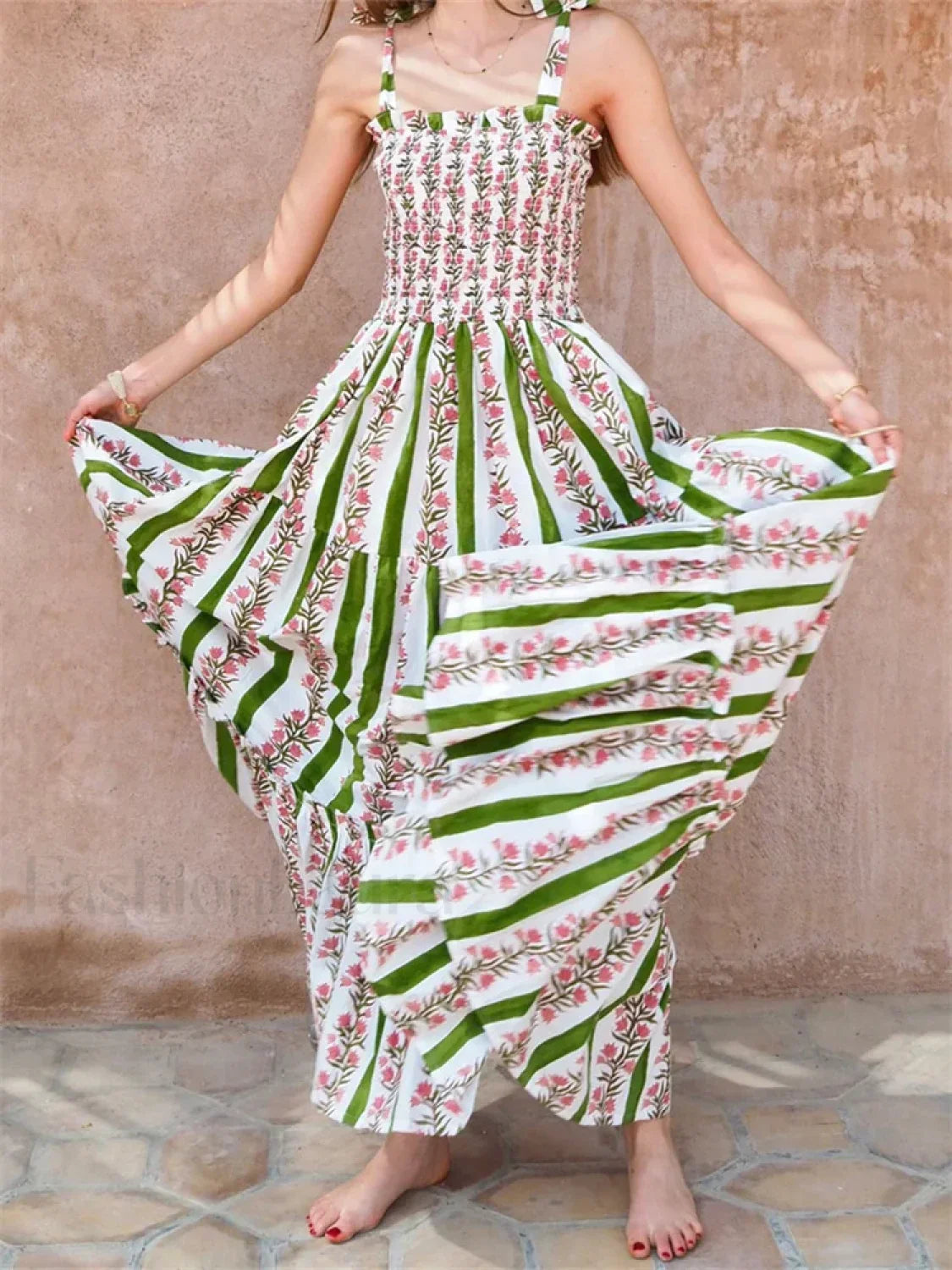 Tie Strap Floral A Line Maxi Dress green / S